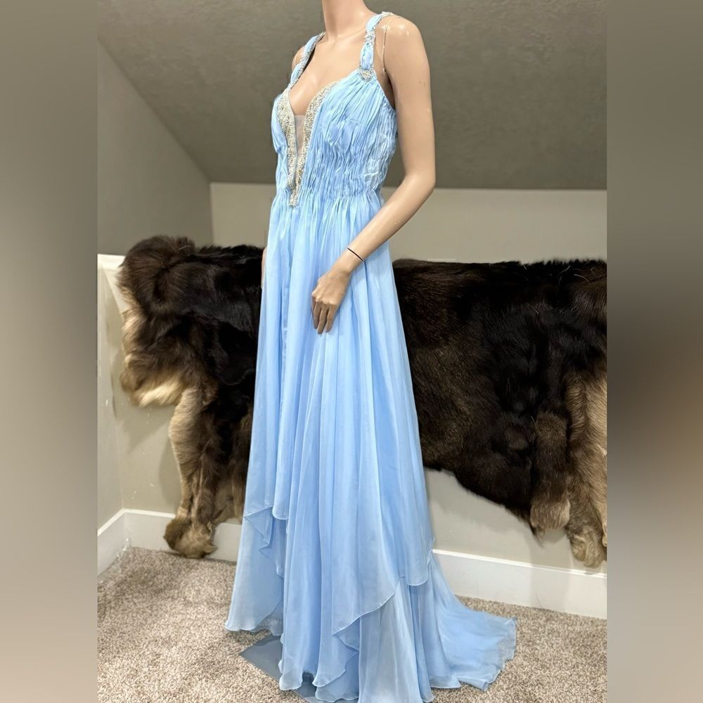 New Gorgeous Light Blue Beaded Chiffon Gown With Shawl - Picture 6 of 16